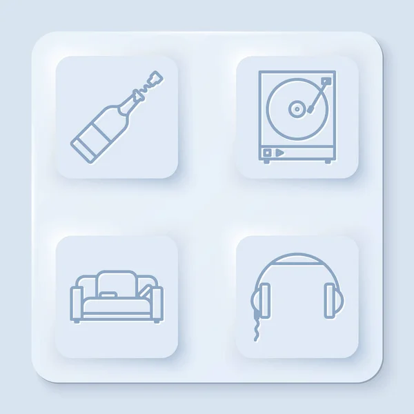 Set line Champagne bottle , Vinyl player with a vinyl disk , Sofa and Headphones . White square button. Vector — 스톡 벡터