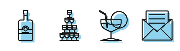 Set line Martini glass, Whiskey bottle, copas de vino apiladas en una torre piramidal y sobre con icono de tarjeta de invitación. Vector — Vector de stock