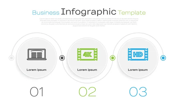 Definir linha Comprar bilhete de cinema on-line, filme 4k, fita, quadro e filme 4k, fita, quadro. Modelo de infográfico de negócios. Vetor — Vetor de Stock