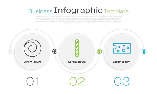 Definir linha Bun rolo com canela, pão de baguete francês e queijo. Modelo de infográfico de negócios. Vetor — Vetor de Stock