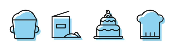 Набор линии торт, хлебобулочные чаши тесто, мука пакет и значок шеф-повара шляпу. Вектор — стоковый вектор