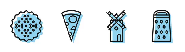 Set linie Moara de vânt, biscuit Cracker, felie de pizza și pictograma Grater. Vector — Vector de stoc