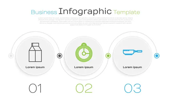 Set line Paquet de papier pour le lait, minuterie de cuisine et poêle. Modèle d'infographie d'entreprise. Vecteur — Image vectorielle