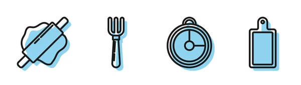 Set line Kitchen timer, Rolling pin, Fork and Cutting board icon. Вектор — стоковый вектор
