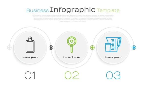 Set line Planche à découper, poêle et tasse à mesurer. Modèle d'infographie d'entreprise. Vecteur — Image vectorielle