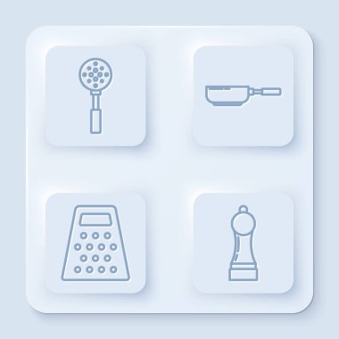 Spatula, kızartma tavası, rende ve biber. Beyaz kare düğme. Vektör