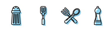 Çizgi çapraz çatal ve kaşık, Salt, Spatula ve Pepper ikonu. Vektör