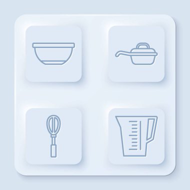 Çizgi kasesi, kızartma tavası, mutfak çırpma ve ölçme kabı. Beyaz kare düğme. Vektör