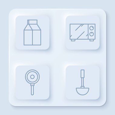 Süt, mikrodalga fırın, kızartma tavası ve mutfak kepçesi için kağıt paketi hazırlayın. Beyaz kare düğme. Vektör