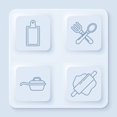 Hat kesme tahtası, çapraz çatal ve kaşık, kızartma tavası ve merdane. Beyaz kare düğme. Vektör