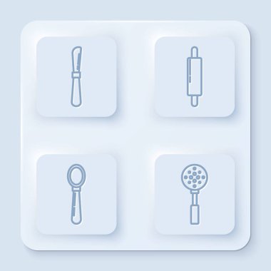 Çizgili bıçak, merdane, kaşık ve spatula. Beyaz kare düğme. Vektör