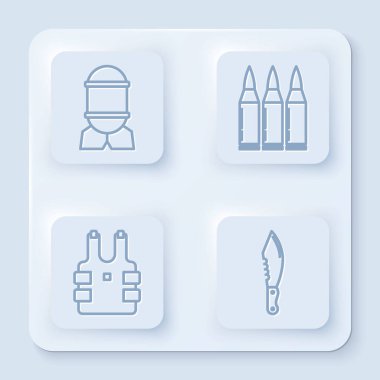 Havacılık bombası, kurşun geçirmez yelek, kurşun ve askeri bıçaktan korunmak için. Beyaz kare düğme. Vektör