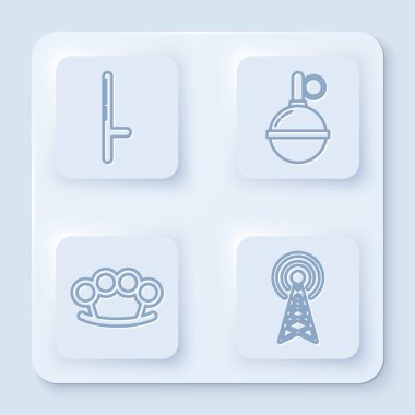 Polis kauçuk çubuğu, el bombası, pirinç muşta ve radar ayarlayın. Beyaz kare düğme. Vektör