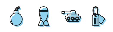 Askeri tank, patlamaya hazır bomba, havacılık bombası ve askeri künye ikonu. Vektör