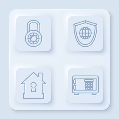 Hat güvenli kombinasyon kilidi, dünya küresi kalkanı, koruma ve güvenlik altında ev. Beyaz kare düğme. Vektör