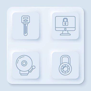 Hat anahtarını ayarla, bilgisayar monitörüne kilitle, alarm zilini çal ve kilit kilidini kilitle. Beyaz kare düğme. Vektör