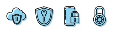 Akıllı telefon, kapalı asma kilit, bulut ve kalkan, anahtar ve kasa kombinasyonlu kilit ikonu ile kalkanı ayarlayın. Vektör