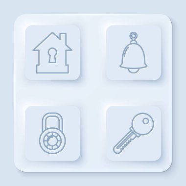 House 'u koruma altına al, zil çal, kilit kilidi ve anahtarı kilitle. Beyaz kare düğme. Vektör