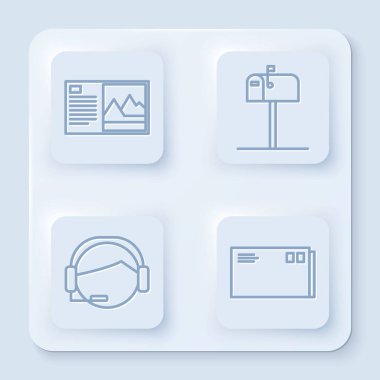 Satır kartpostalı, açık posta kutusu, iletişim ve Zarf desteği operatörü. Beyaz kare düğme. Vektör