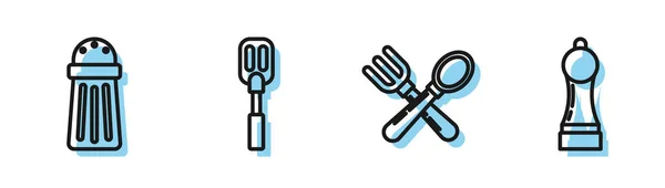 Set line Gekruiste vork en lepel, zout, spatel en peper icoon. Vector — Stockvector