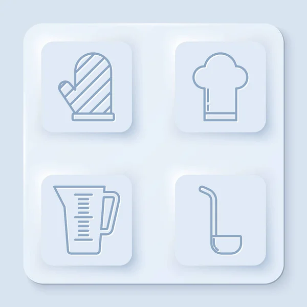 Σετ γραμμή γάντια φούρνου, καπέλο σεφ, κύπελλο μέτρησης και κουτάλα κουζίνας. Λευκό τετράγωνο κουμπί. Διάνυσμα — Διανυσματικό Αρχείο