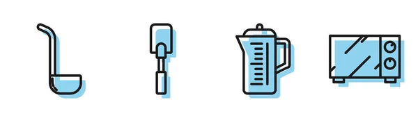 Встановіть лінію Чайник, кухонний ковток, піктограму Spatula та мікрохвильову піч. Векторні — стоковий вектор
