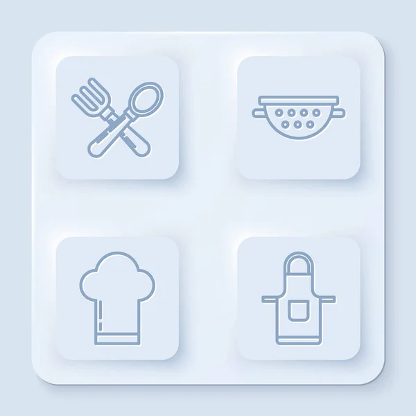 Set line Crossed fork and spoon, Kitchen colander, Chef hat and Kitchen apron. Белая квадратная кнопка Вектор — стоковый вектор