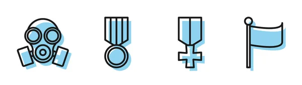 Establecer línea Medalla de recompensa militar, máscara de gas, medalla de recompensa militar e icono de la bandera. Vector — Vector de stock