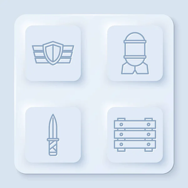 Militaire beloning medaille, Luchtvaart bom, Militair mes en militaire munitie doos. Witte vierkante knop. Vector — Stockvector