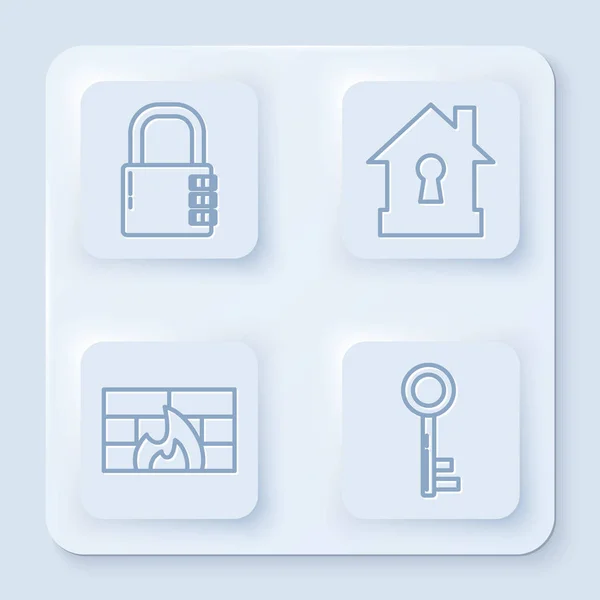 Definir linha de bloqueio combinação segura, Casa sob proteção, Firewall, parede de segurança e chave. Botão quadrado branco. Vetor — Vetor de Stock