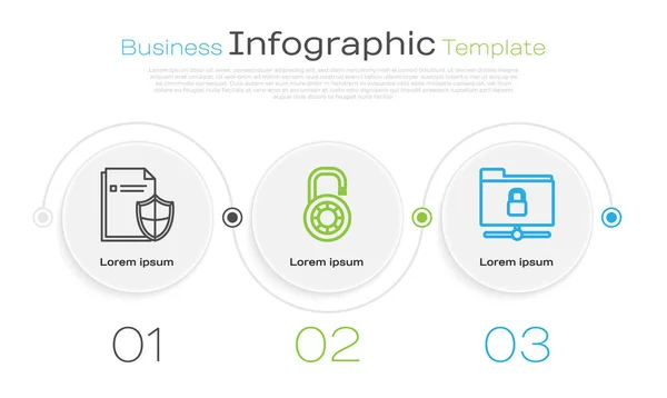 Définir la ligne Concept de protection des documents, roue de verrouillage combinaison sûre et dossier FTP et verrouillage. Modèle d'infographie d'entreprise. Vecteur — Image vectorielle