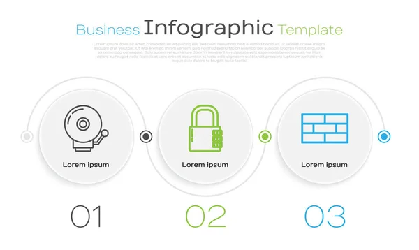 Set line Timbre campana de alarma, Caja fuerte combinación de bloqueo y ladrillos. Plantilla de infografía empresarial. Vector — Vector de stock