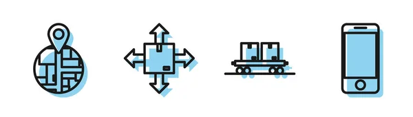 Встановіть лінію Залізнична колія, Заповнювач на картографічному папері в перспективі, Картонна коробка з символом трафіку і мобільний телефон з піктограмою відстеження доставки додатків. Векторні — стоковий вектор