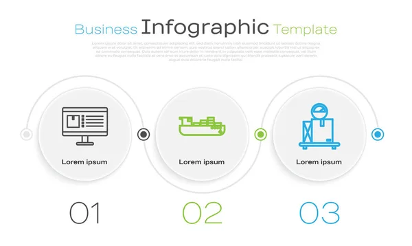 Definir linha Monitor de computador com rastreamento de entrega de aplicativos, navio de carga com serviço de entrega de caixas e escala com caixa de papelão. Modelo de infográfico de negócios. Vetor — Vetor de Stock