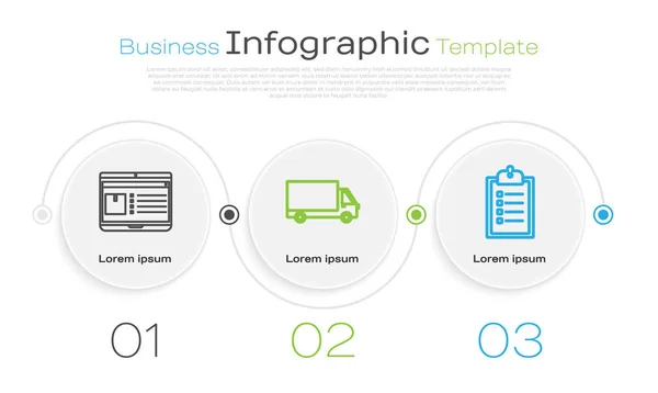 Definir linha Laptop com rastreamento de entrega de aplicativos, veículo de caminhão de carga de entrega e verificação da área de transferência da lista de entrega. Modelo de infográfico de negócios. Vetor — Vetor de Stock