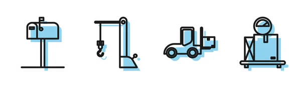 Set line Forklift truck , Open mail box , Harbor port crane and Scale with cardboard box icon. Vector — Stock Vector