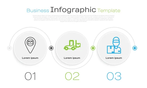 Установить линию Placeholder на карте бумаги, вилочный погрузчик и доставка человека с картонными коробками. Бизнес-инфографический шаблон. Вектор — стоковый вектор