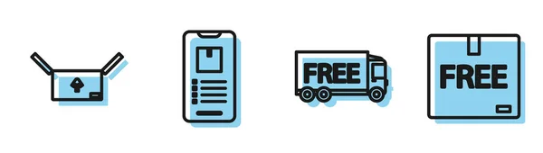 Set line free delivery service, Karton mit Verkehrssymbol, Handy mit App Delivery Tracking und Karton mit kostenlosem Symbol. Vektor — Stockvektor