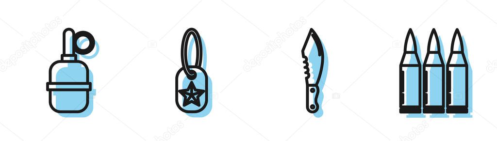 Set line Military knife , Hand grenade , Military dog tag and Bullet icon. Vector