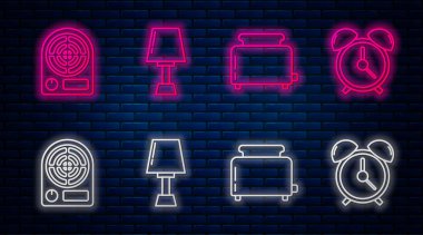 Masa lambası, tostlu tost makinesi, elektrikli ısıtıcı ve alarm saati. Tuğla duvarda parlayan neon simgesi. Vektör