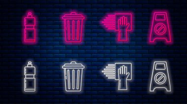 Çöp tenekesi, temizlik servisi sıvı bulaşık deterjanı ve ıslak zemin ve temizlik için plastik şişeler. Tuğla duvarda parlayan neon simgesi. Vektör