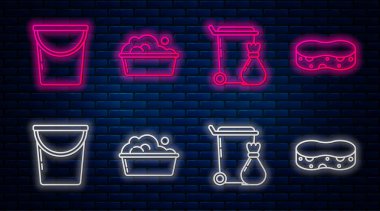 Sabun köpüklü plastik leğen, çöp tenekesi, kova ve sünger. Tuğla duvarda parlayan neon simgesi. Vektör