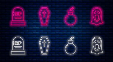 Coffin 'i Hıristiyan haçıyla, Bomba' yı patlamaya hazır, Tombstone 'u Rip' le, komik ve korkunç hayalet maskesiyle cadılar bayramı için ayarla. Tuğla duvarda parlayan neon simgesi. Vektör