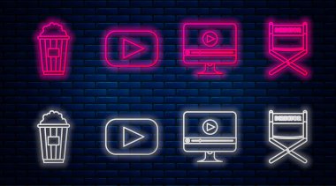 Set hattı Play, Online oyun videosu, karton kutuda patlamış mısır ve yönetmen koltuğu. Tuğla duvarda parlayan neon simgesi. Vektör