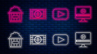 Play Video, Play, Popcorn 'u karton kutuda ve Online oyun videosunda ayarla. Tuğla duvarda parlayan neon simgesi. Vektör