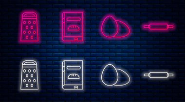 Sabit hat Yemek Kitabı, Tavuk Yumurtası, Öğütücü ve Yuvarlanan iğne. Tuğla duvarda parlayan neon simgesi. Vektör