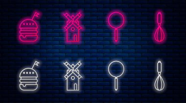 Yel değirmeni, kızartma tavası, Burger ve Kitchen çırpma hattı ayarlayın. Tuğla duvarda parlayan neon simgesi. Vektör