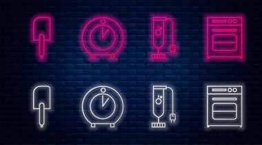 Hattı ayarla, mutfak zamanlayıcısı, blender, Spatula ve fırın. Tuğla duvarda parlayan neon simgesi. Vektör