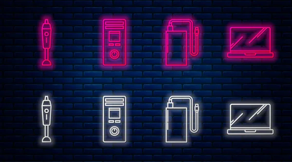 Set lijn Afstandsbediening, Power bank met verschillende oplaadkabel, Blender en Laptop. Gloeiend neon icoon op bakstenen muur. Vector — Stockvector