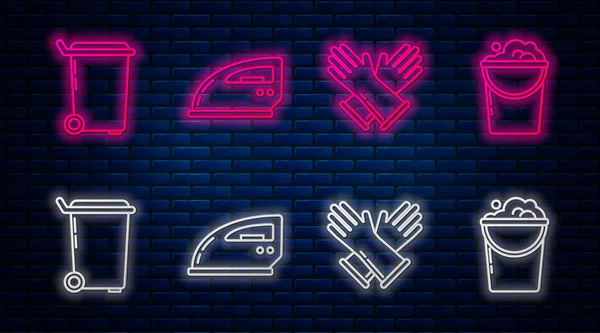Set line Electric iron , Rubber gloves , Trash can and Bucket with foam and bubbles . Glowing neon icon on brick wall. Vector — 스톡 벡터